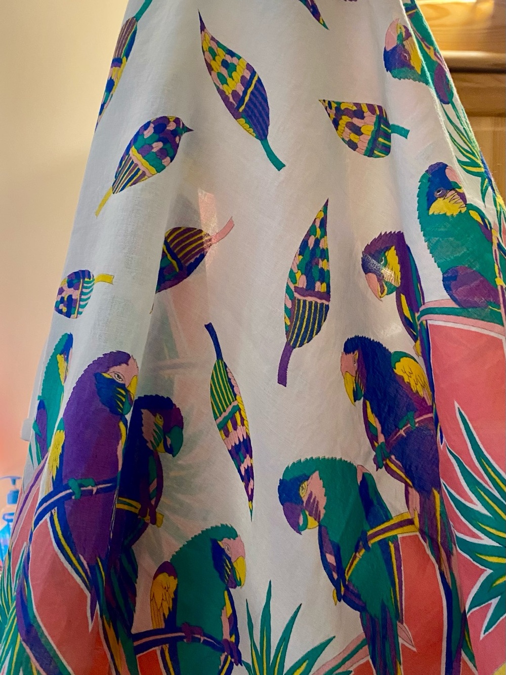 Laurel Burch vintage parrot scarf (viscose or cotton?) 29x30" (small flaws).